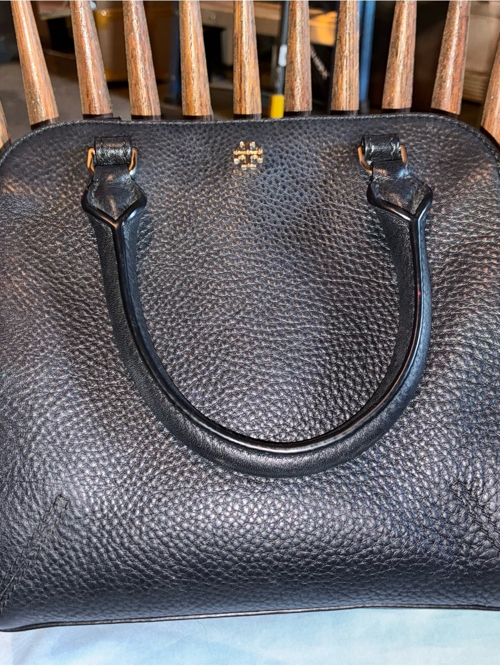 Tory Burch Black Pebbled Leather Satchel with Gold Logo